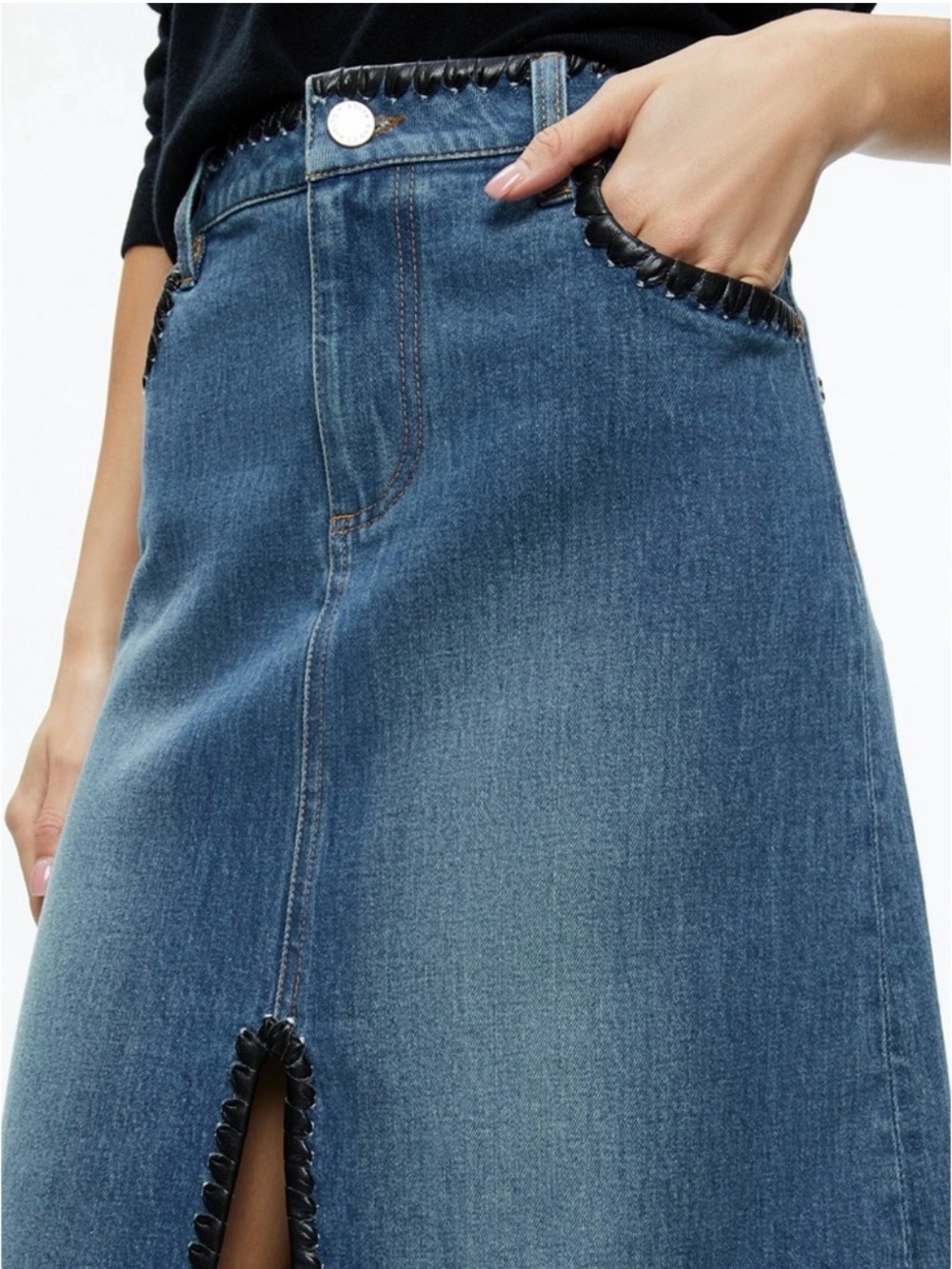 Alice + Olivia Rye Denim Maxi Skirt with Leather – Lola Blue/Black – Size 28 NWT